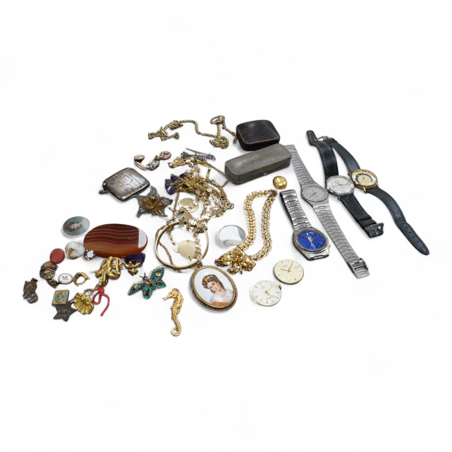 A quantity of assorted costume jewellery and other items including wrist watches, watch movements and a silver vesta case.